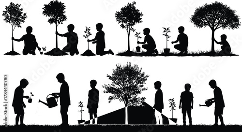 Children planting trees, nurturing saplings, watering garden, environmental care, nature growth, eco education, sustainability, teamwork,