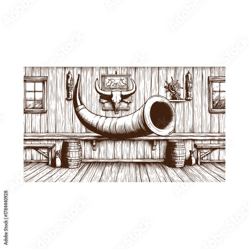 Western Saloon Wall with Longhorn Mount – Vintage Black and White Engraving