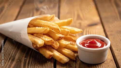 Golden French Fries in Paper Cone with Ketchup Cup on Rustic Brown Wood Tabletop Top Down View
