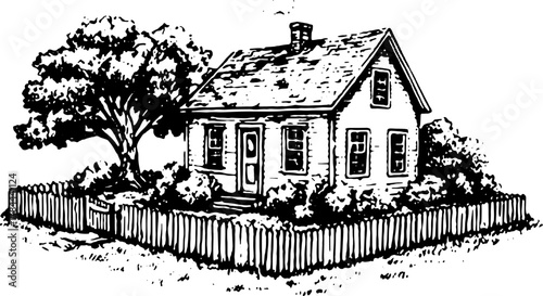Vintage house with a tree and fence outlined in simple black line art. Vector illustration depicting a rural outdoor scene set.