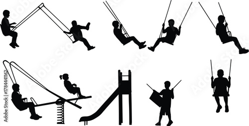 Children playing on swings, slide, spring rider, silhouette style, outdoor playground fun, active kids, motion, childhood joy, black background, vector illustration, energetic movement**