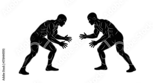 Powerful wrestlers facing off in intense competition, showcasing strength, agility, and sportsmanship, ready for gripping sports action and athletic prowess