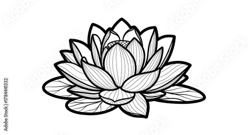 Elegant lotus flower illustration with bold outlines and delicate linework, perfect for serene designs and spiritual themes, evoking peace and tranquility