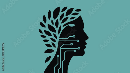 Artificial intelligence concept with human face, circuit board, and tree leaves illustrating digital growth and innovative technology solutions