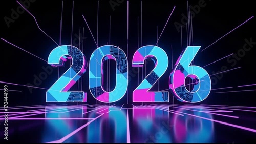 Bright Neon Numbers Displaying 2026 with Dynamic Light Trails in Futuristic Digital Environment