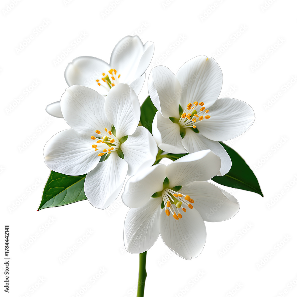 Obraz premium Four pristine white blossoms with vibrant yellow stamens isolated on transparent background