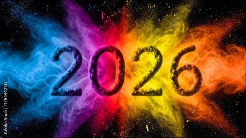 Colorful Powder Explosion Forming 2026 with Vibrant Cloud Burst in Dark Background