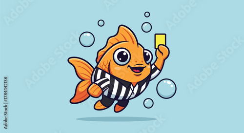 Cartoon goldfish referee holding a yellow card, underwater with bubbles.
