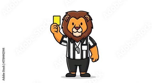 Cartoon lion referee holding up a yellow card, wearing a striped shirt and black shorts.