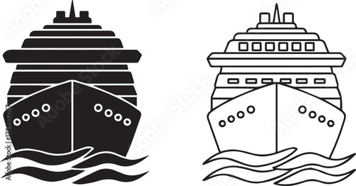Cruise Ship front view icon vector set for travel, vacation, and transportation design on white