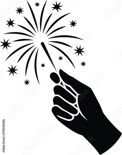 Black hand holding sparkler with starbursts firework