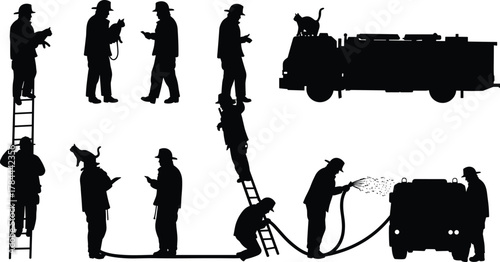 Firefighter silhouette, emergency response, fire truck, rescue team, hose spray, ladder climb, fire dog, teamwork, safety gear, hero action, black illustration, dramatic pose