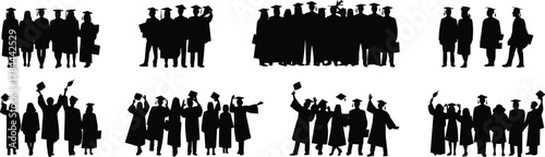 Graduation ceremony silhouettes, students celebrating success, academic achievement, caps and gowns, diploma holders, joyful graduates, unity, education milestone, 
