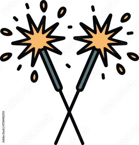 Two crossed sparklers with orange sparks and black outlines