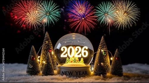 Colorful Fireworks Exploding Over Snowy Scene with Christmas Trees and 2026 Snow Globe Celebrating New Year
