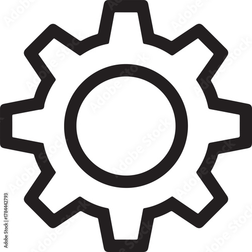 Black outline vector icon of a gear representing settings, mechanics, or engineering isolated on a transparent background for digital use