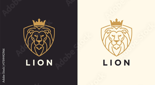 Elegant golden lion logo design with a crown, shield, and the word 'LION' underneath.