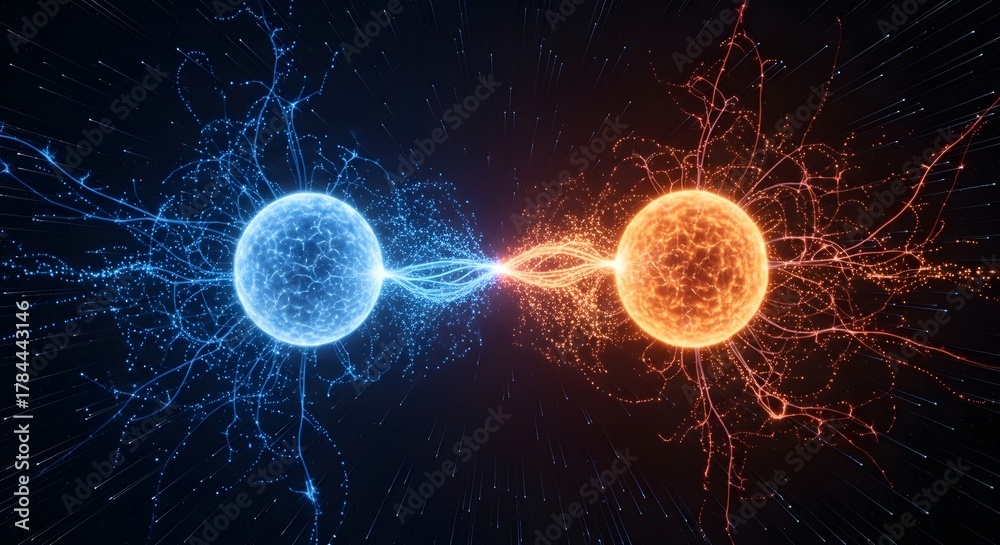 Fototapeta premium Digital illustration of two atomic particles with interconnected energy lines, representing scientific concepts in physics and atomic structure