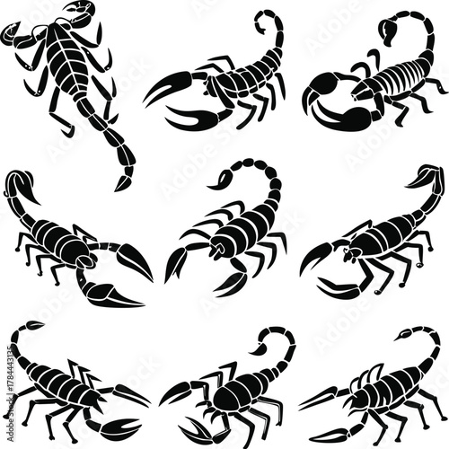 Striking scorpion silhouettes, symbolic zodiac signs for astrology, design elements with vintage flair and powerful, edgy appeal created from vector art
