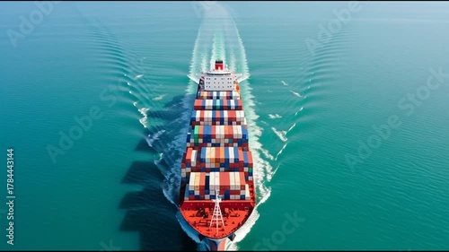 Cargo Ship Traveling Across Open Ocean with Container Deck Visible from Aerial Perspective
