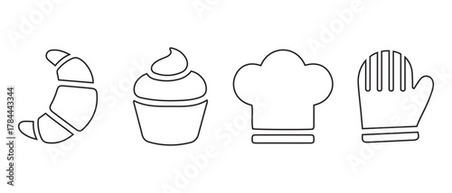 Bakery and kitchen cooking symbols with pastry dessert icons.