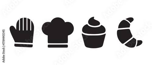 Bakery and kitchen cooking symbols with pastry dessert icons.