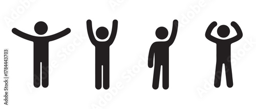 Simple black stick figures showing various arm gestures and actions.