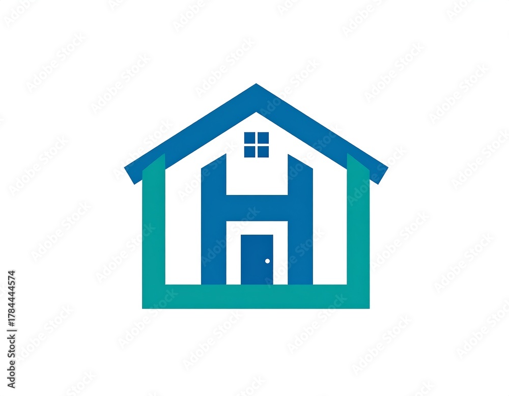 Obraz premium A simple illustration of a home incorporating the letter H. Blue and teal hues contrast against a white backdrop
