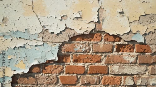 Distressed Brick Wall with Flaking Paint in Natural Sunlight Showing Wear and Tear Textures of Aged Construction Material for Background