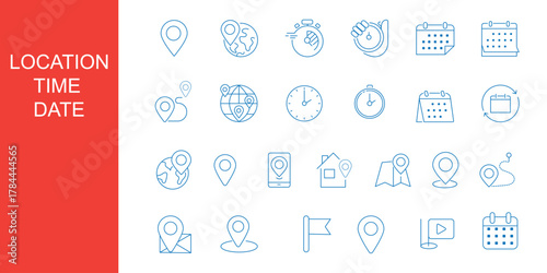 Time icons, clock outline, calendar vector, date reminder, location pin, alarm, stopwatch, schedule symbol, world map, editable stroke, planning design