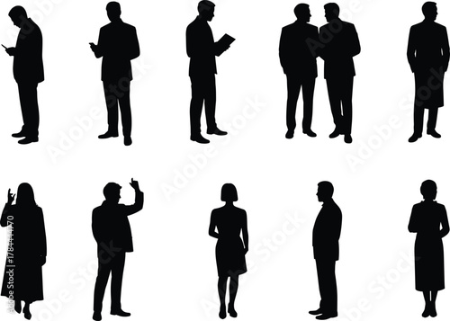 Silhouettes of diverse professionals, business people in conversation, formal attire, teamwork, communication, gestures, office culture, corporate interaction, leadership, 