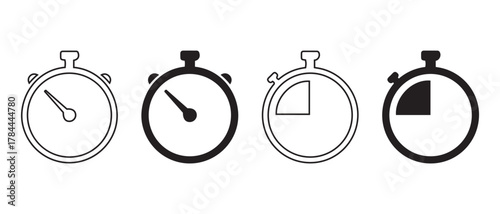 Stopwatch Icon Set. Minimalist Time Tracking Silhouettes Showing Elapsed Time for Sports, UI, and Productivity Design.