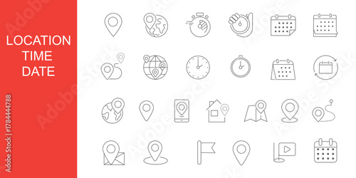 Time icons, clock outline, calendar vector, date reminder, location pin, alarm, stopwatch, schedule symbol, world map, editable stroke, planning design