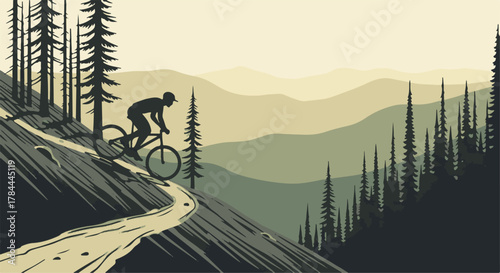 Silhouette mountain biker riding fast downhill on a forest trail with layered background mountains