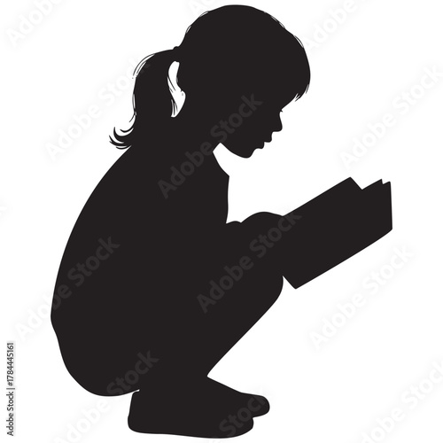 Silhouette of a young girl engrossed in reading, fostering imagination and learning, perfect for educational materials or promoting literacy programs