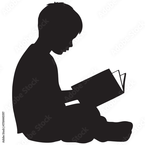 Engaging silhouette of a young boy captivated by reading a book, fostering imagination and learning, originally a vector graphic for scalable designs