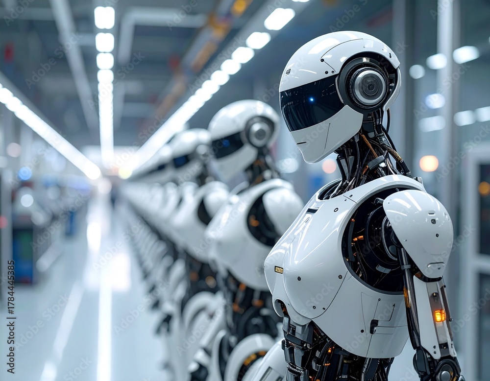 Fototapeta premium たくさんの人型ロボットが工場で並んでいるところ