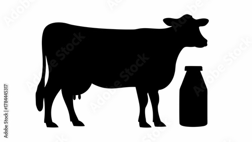Silhouette of a cow standing next to a milk bottle against a white background in a simple illustration