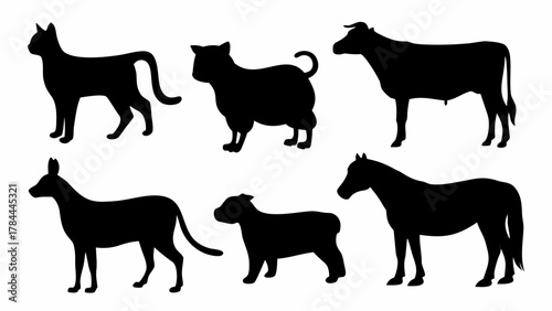 Silhouette depictions of a cat, another cat, a cow, a dog, a horse, and a dog, all in black against white