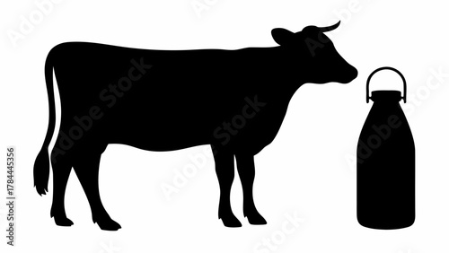 Silhouette of a cow standing next to a milk jug with a handle in a black and white illustration