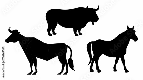 Illustration showcasing silhouettes of a bull, a cow with geometric shapes, and a horse on white background