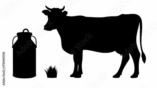Silhouette of a cow standing next to a milk can and a small patch of grass on a white background
