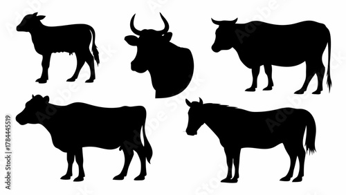 Black silhouettes of farm animals including cows bulls and a horse on a white background image vector