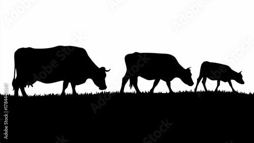 Silhouette of three cows grazing in a field of grass against a white background in a simple illustration