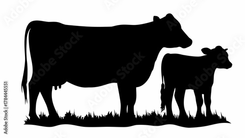Silhouette of a cow and calf standing in grass creating a rural and agricultural scene in monochrome