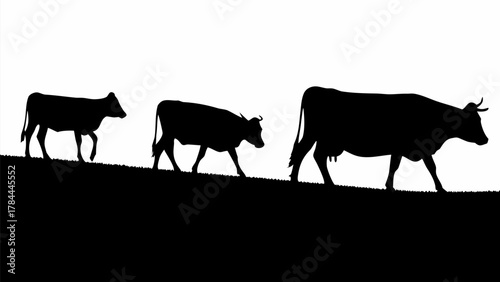 Silhouette of three cows walking in a line across a field against a white background in a simple illustration