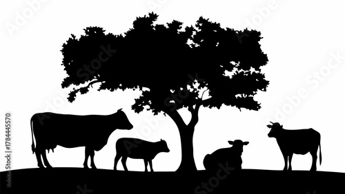 Silhouette of cows resting under a tree on a hill in a monochrome landscape with a white background