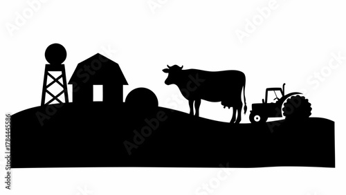 Silhouette of a farm scene depicting a barn, water tower, cow, tractor, and rolling hills landscape