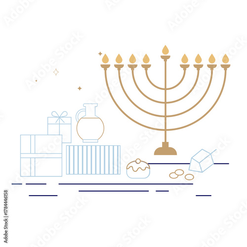 Hanukkah menorah and traditional icons in simple line minimal style. Jewish donuts , dreidel game and oil jag.