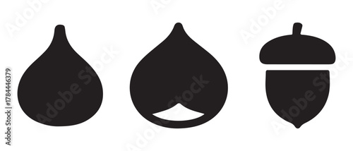 Nut and Seed Icon Set. Black Silhouettes of Fig, Chestnut, and Acorn for Botanical, Culinary, and UI Design.